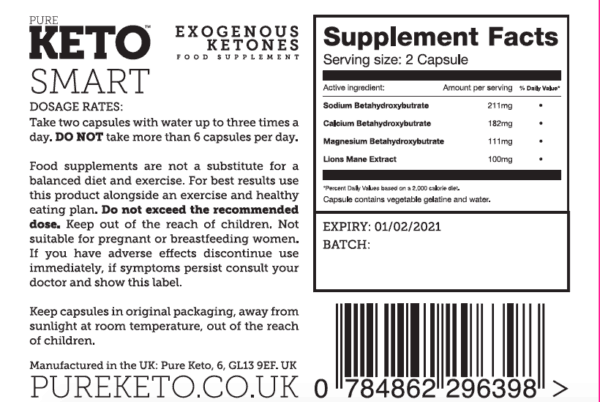 Pure Keto Smart ingredients label